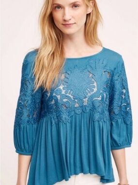 Anthropologie Deletta Teal Lace Yoke Peasant Tunic